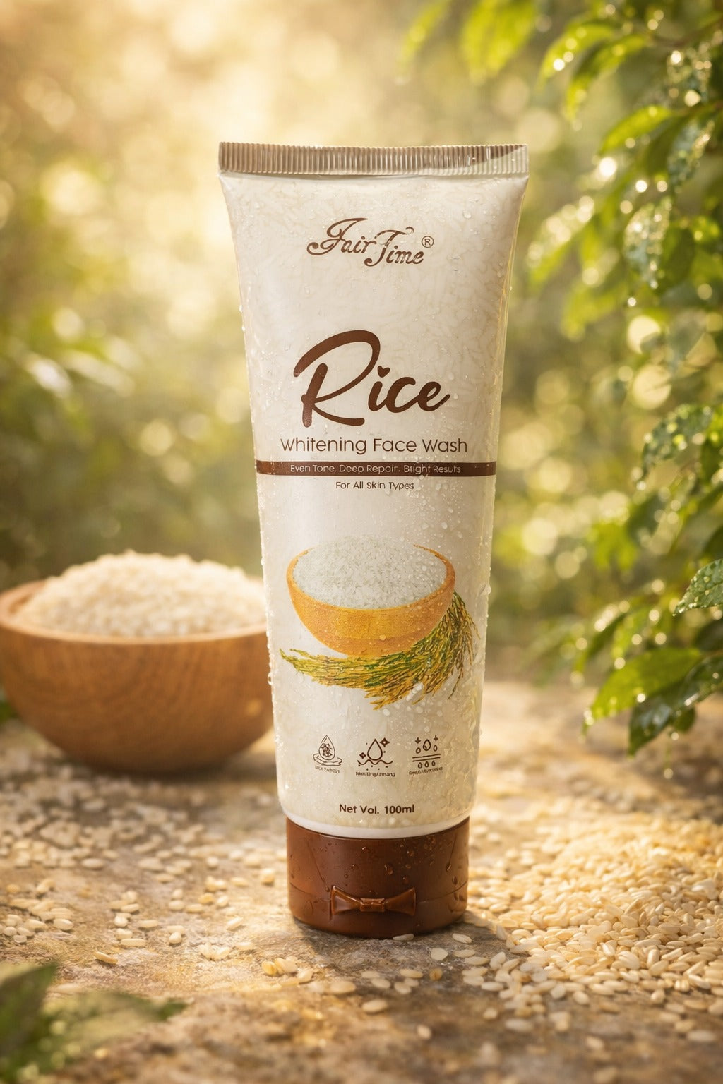 Tube of rice whitening face wash with a natural background