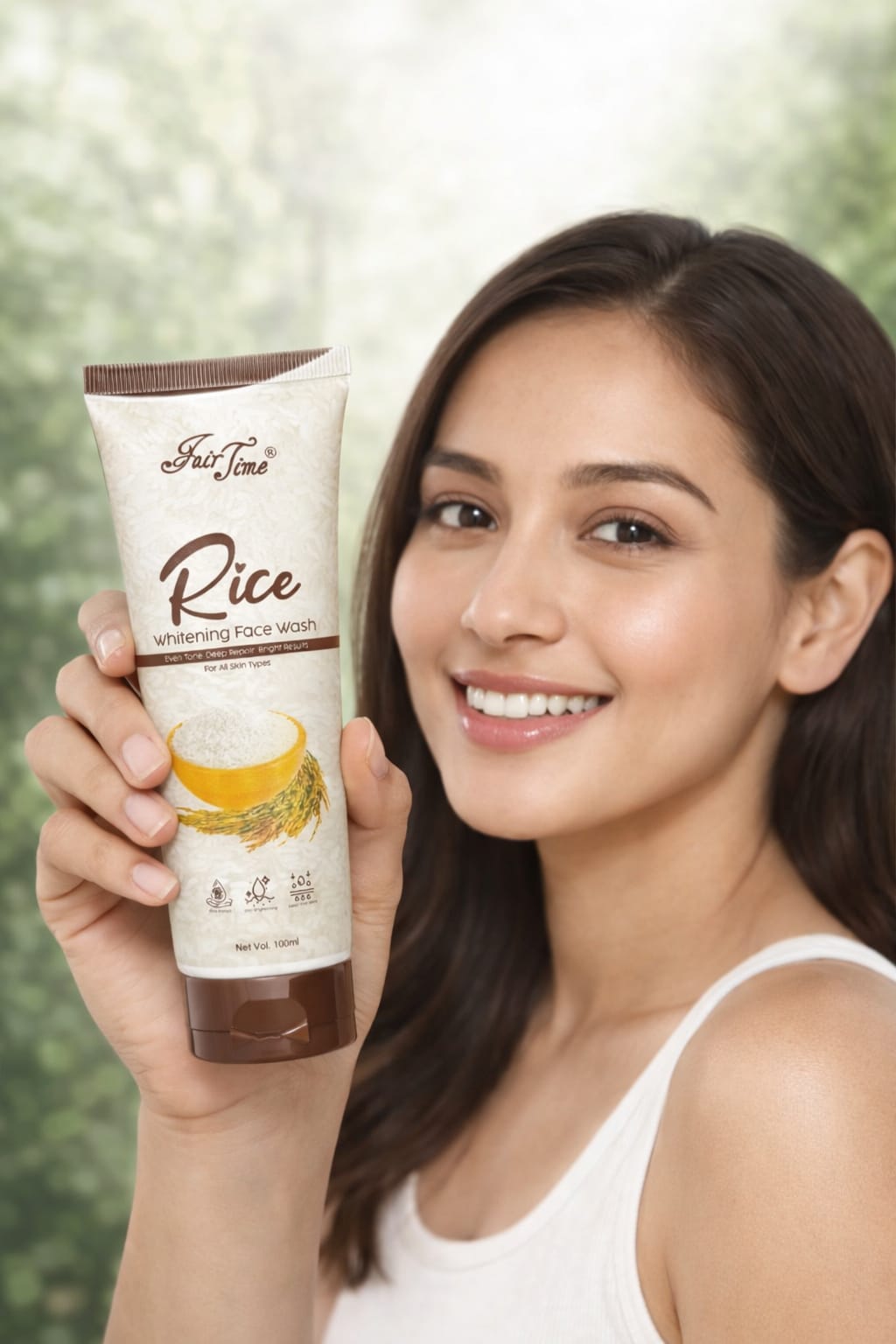 Woman holding a tube of rice whitening face wash with a blurred green background