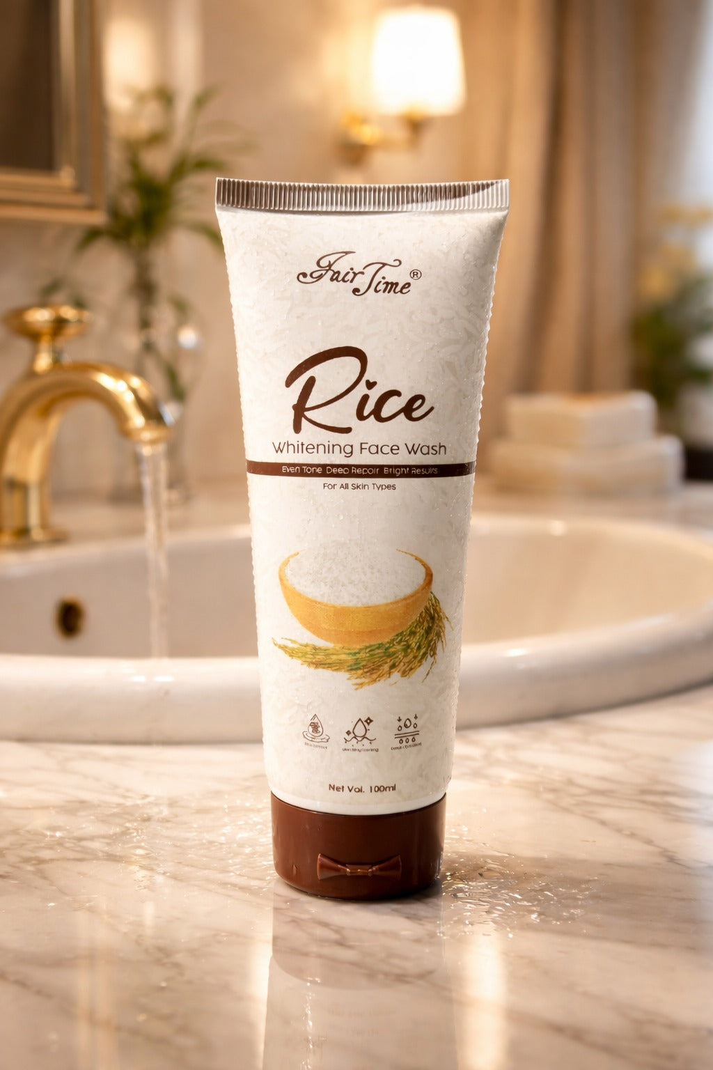 Tube of Rice Whitening Face Wash on a bathroom counter