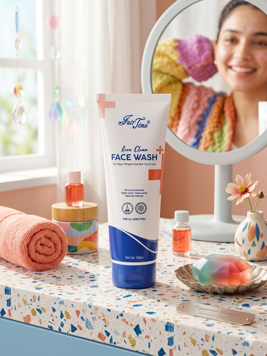 Tube of Fair & White Face Wash on a vanity table with a mirror and decorative items.