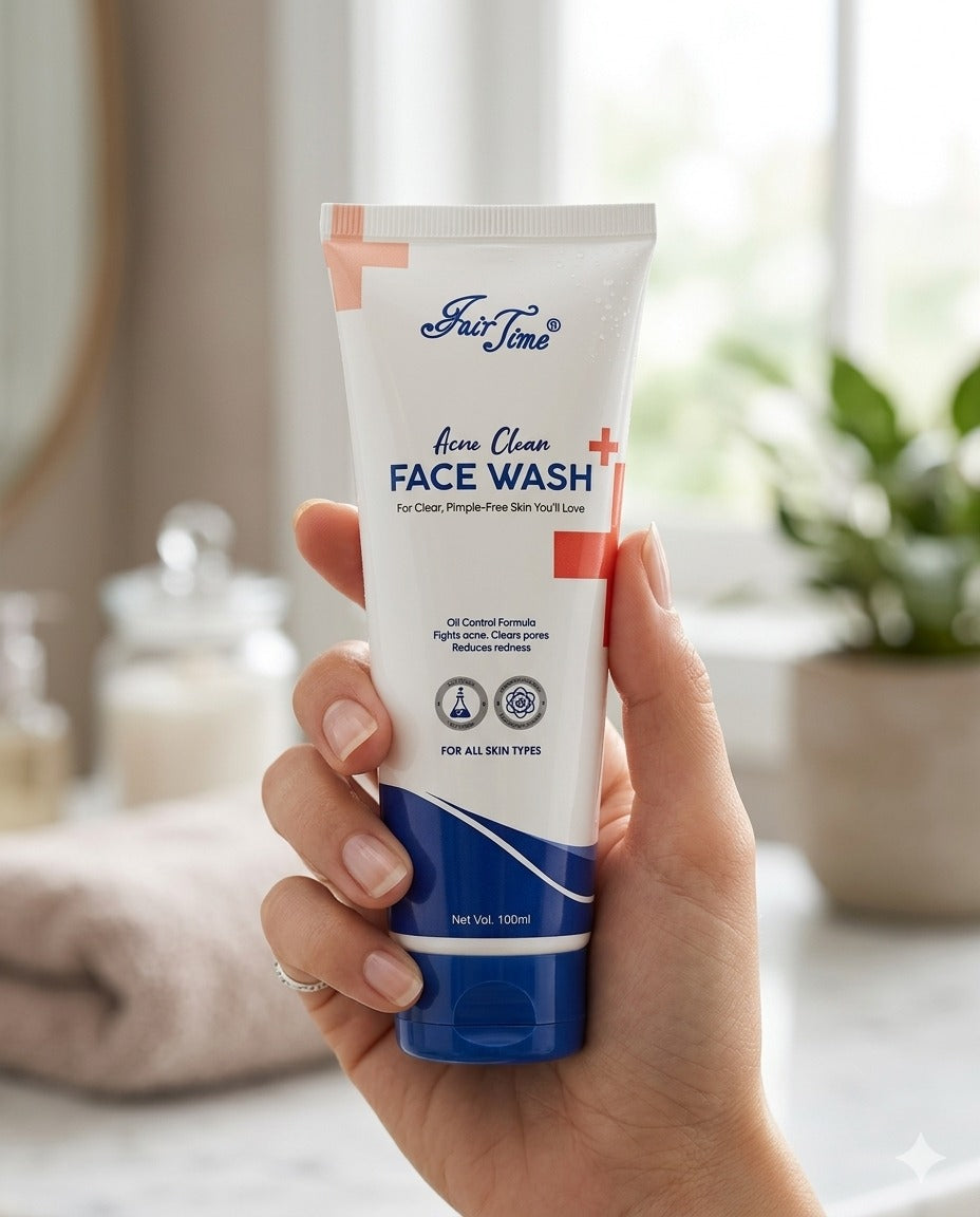 Hand holding a tube of Fair & White Face Wash in a bathroom setting