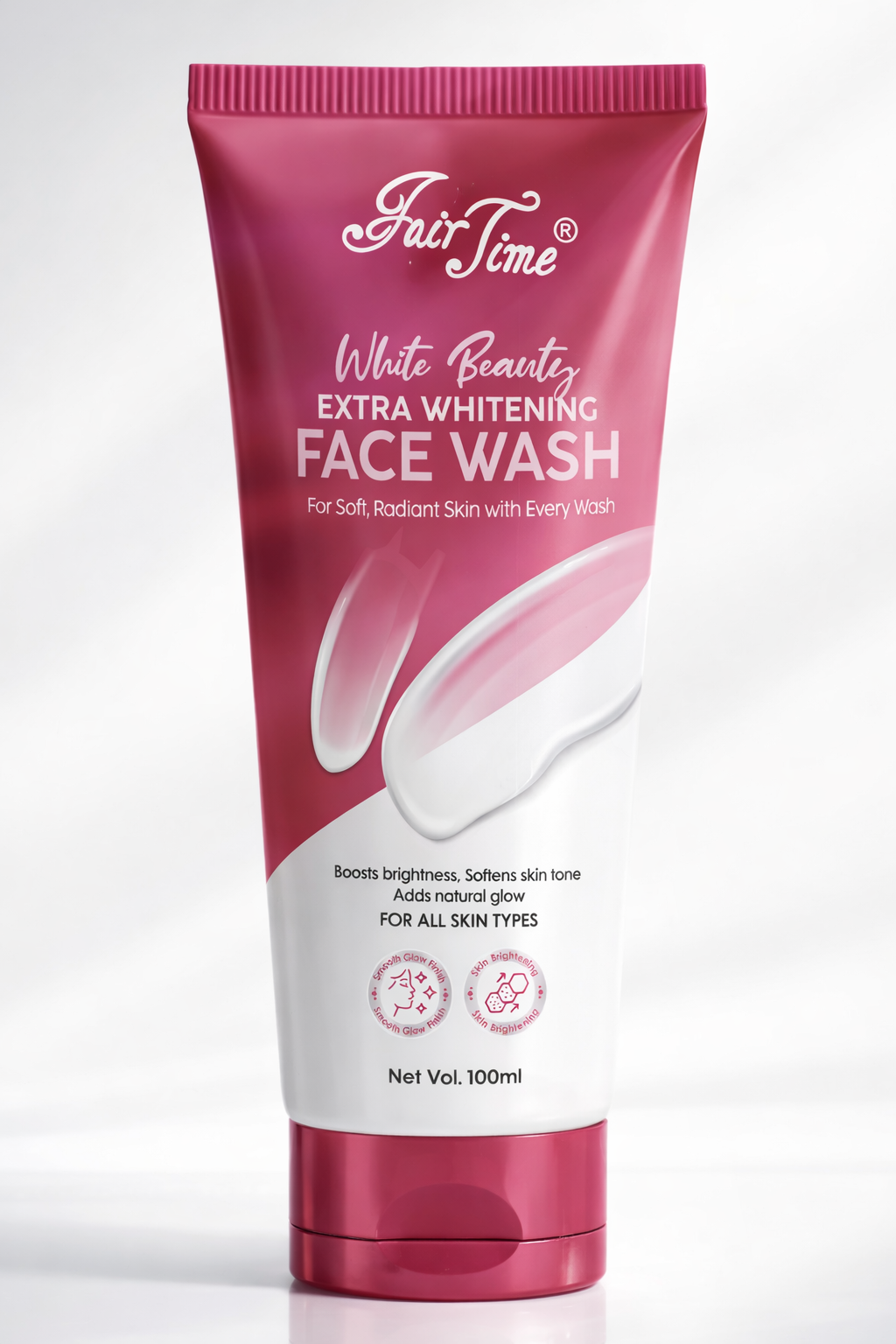 Tube of Fair Time White Beauty Extra Whitening Face Wash on a white background