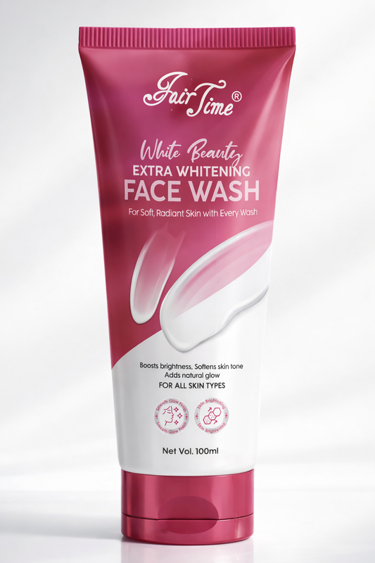 Tube of Fair Time White Beauty Extra Whitening Face Wash on a white background